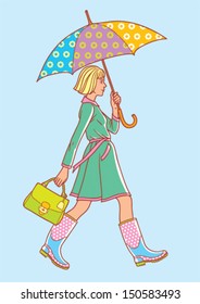 girl dressed in a raincoat and rubber boots walks holding an umbrella