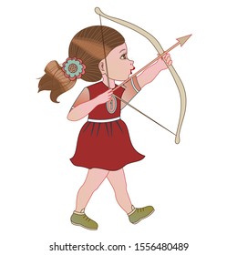 a girl dressed in a red dress shoots a bow, color clip-art on a white isolated background