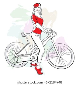 the girl dressed in a red t-shirt, sneakers, cap, and stands near the bike. sketch. fashion illustration. vector