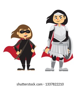 Girl dressed as rogue and knight, girl in super hero costume
