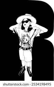 Uma menina vestida em estilo safári vestindo uma camiseta com uma impressão de rinoceronte contra o pano de fundo de uma letra maiúscula R.
 Uma impressão de rinoceronte em uma camiseta. Um desenho em preto e branco. Uma ilustração vetorial.