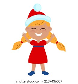 Una chica vestida con un sombrero de Papá Noel se pone de pie y levanta las manos. El niño es feliz y sonríe. Diseño de caracteres aislado en fondo blanco.