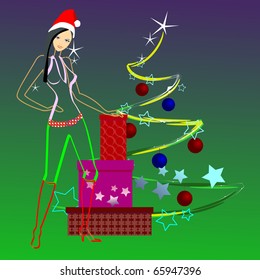 A girl dressed as Santa Claus. New Year's Eve. Gifts under the tree.