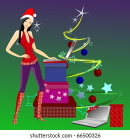 A girl dressed as Santa Claus. New Year's Eve. Gifts under the tree.