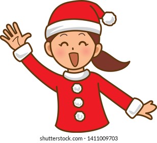 Girl dressed as Santa Claus waving her hand