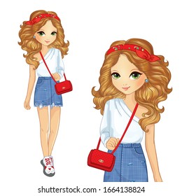 Girl dressed in short denim skirt with a small red handbag