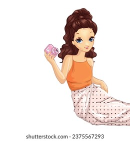 Girl dressed in skirt and orange top holding camera