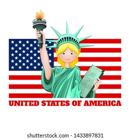 Girl dressed as the Statue of Liberty on the background of the USA flag. Fourth of July. Flag of the United States of America and a cute girl. Vector illustration