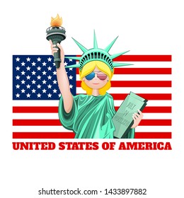 Girl dressed as the Statue of Liberty on the background of the USA flag. Fourth of July. Flag of the United States of America and a cute girl. Vector illustration