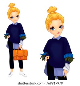 Girl dressed in a sweater with feathers holds a red briefcase