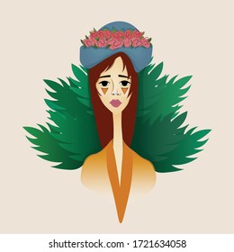 girl dressed in a turban with flowers and surrounded by leaves