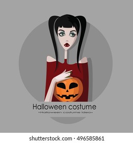Girl dressed as vampire for Halloween, cartoon style vector illustration isolated on background. 