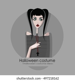 Girl dressed as vampire for Halloween, cartoon style vector illustration isolated on background.