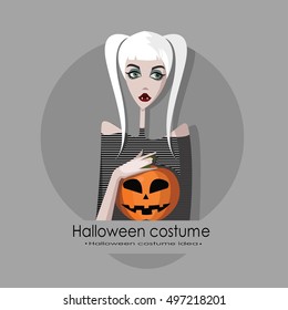 Girl dressed as vampire for Halloween, cartoon style vector illustration isolated on background. 