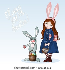 Girl dressed in a vintage retro blue coat & hare ears hat holding a bag & grey Easter Bunny rabbit holding a basket of eggs, gradient background with handwritten "Happy Easter" text, vector print