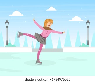 Girl Dressed in Warm Clothing Skating on Rink, Winter Sports Outdoor Activity Vector Illustration