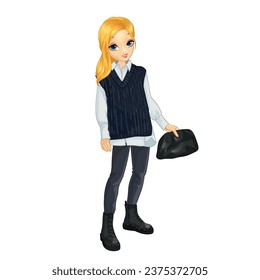 Girl dressed in wide black vest and white shirt
