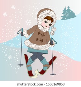 girl dressed in a winter jacket with fur and a hat is skiing on a background of a winter landscape, vector color illustration