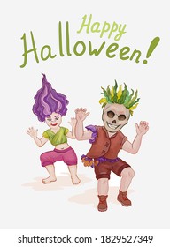 Girl dressed as a witch and a boy with a skull mask on his head. Halloween vector poster, playbill or invitation