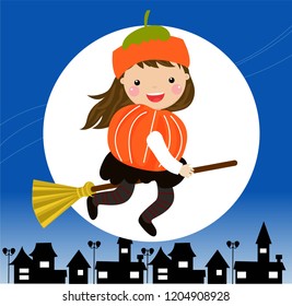 A  girl dressed in a witch costume for Halloween and riding a broomstick