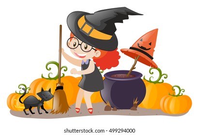 Girl dressed up in witch costume illustration