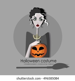 Girl dressed as witch for Halloween, cartoon style vector illustration isolated on background. 