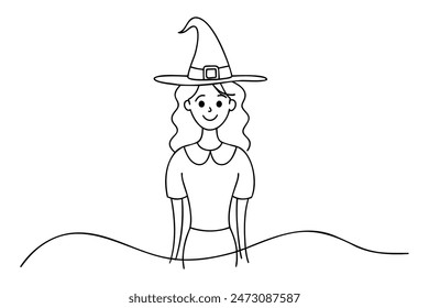 girl dressed as a witch for halloween Hand drawn Continuous line art vector illustration.