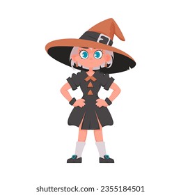 A girl dressed as a witch. Halloween theme refers to the concepts and decorations related to the holiday of Halloween. Cartoon style, Vector Illustration