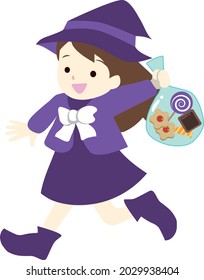 A girl dressed as a witch and receiving sweets. Halloween illustration.