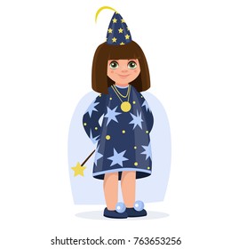 girl dressed as a wizard. New Year costume, masquerade. Vector illustration.