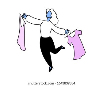 Girl with dresses in her hands jumping for joy. Flat style vector illustration. Isolated on white background.