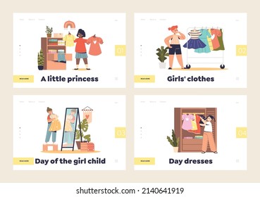 Girl dresses and little princess clothes concept of landing page with set of small kids dressing up. Little children choosing, trying and buying new clothes. Cartoon flat vector illustration