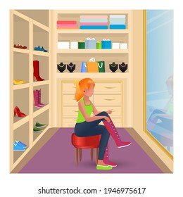 The girl in the dressing room tries on boots. Shop, fitting room, room with things. Accessories, jewelry, clothing. Cartoon drawing with character.