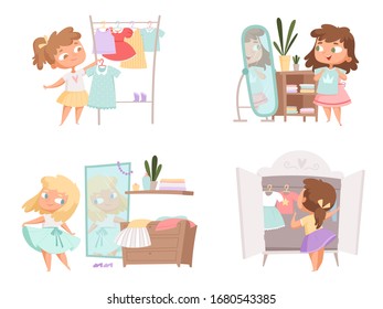 Girl dressing up. Mother and daughter choice clothes in wardrobe vector female person vector cartoon kids