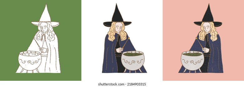 Girl dressing up as witch for halloween party. Witch cooking magical potion. Hand drawn flat vector illustration cartoon character isolated on white background.
