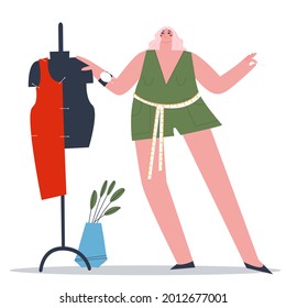 A girl dressmaker pins a piece of fabric to a dressmaker's mannequin. The fashion designer works in the atelier. Flat vector illustration.