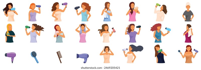 Girl dries hair icons set vector. A collection of women in various stages of hair washing and blow drying. Concept of self-care and the importance of taking time for oneself