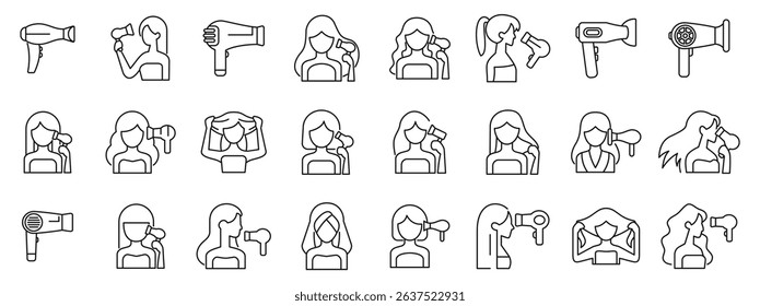  Girl dries hair icons set. Line icons depicting women using hair dryers, showcasing various hairstyles and hair drying techniques