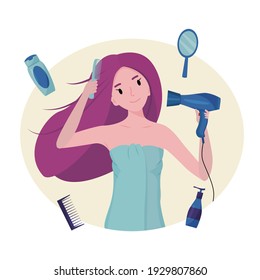 The girl dries her hair with a hair dryer. The concept of cleanliness, freshness and self-care. Daily routine. Vector illustration.