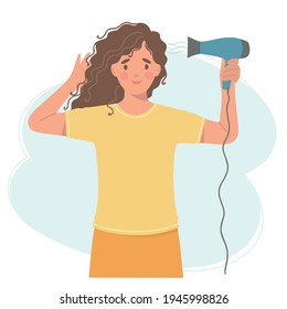 Girl dries her hair with a hair dryer. Vector illustration of a beautiful curly-haired girl with a hair dryer.