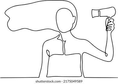 The girl dries her hair with a hair dryer. One line vector illustration.