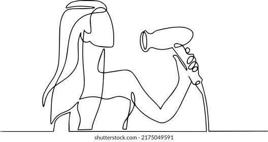 The girl dries her hair with a hair dryer. One line vector illustration.