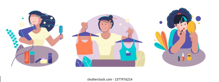 The girl dries her hair with a hairdryer. The girl does makeup. A woman picks up two kinds of clothes. Personal care. Home leisure. Cosmetic Accessories. Set of vector image. 