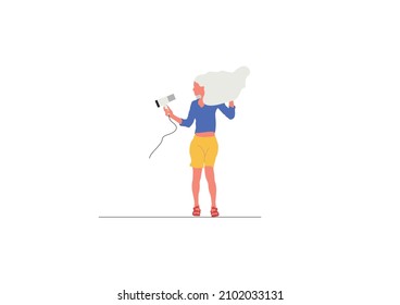 The girl dries her hair with a hairdryer and combs her hair. The female character is grooming herself. Vector hand drawn illustration in flat style