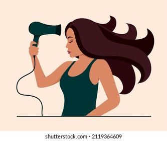 Girl dries her hair with a hairdryer. Hair care products. Vector illustration in a flat style.