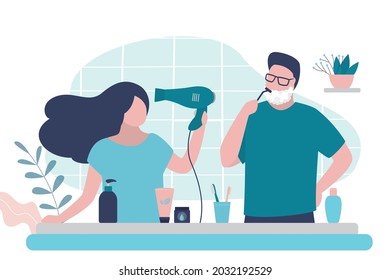 Girl dries wet hair with hairdryer. Man shaves stubble with razor and shaving foam. Couple doing morning routine together. Lovers during everyday hygiene rituals in bathroom. Flat vector illustration