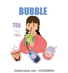 A girl with a drink, boba tea. Advertising for restaurants, cafes, signs, billbords, shop, decoration, prints on clothes, bars.