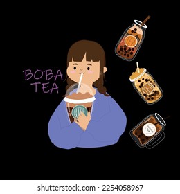 A girl with a drink, boba tea. Advertising for restaurants, cafes, signs, billbords, shop, decoration, prints on clothes, bars.