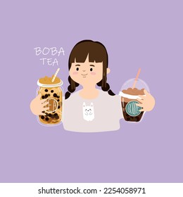 A girl with a drink, boba tea. Advertising for restaurants, cafes, signs, billbords, shop, decoration, prints on clothes, bars.