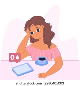 Las chicas beben café y esperan un nuevo aviso o mensaje. Bebida caliente y estudiantil, desintoxicación digital y tiempo para uno mismo. Personajes de dibujos animados vectoriales para adultos jóvenes